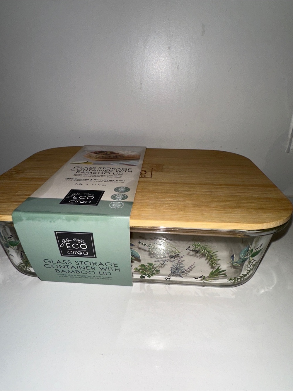Glass Storage Container with Bamboo Lid - herbs Design
